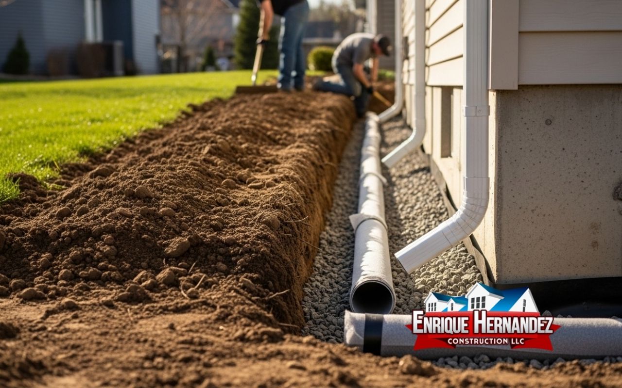 Yard grading example showing spring foundation drainage tips around a home