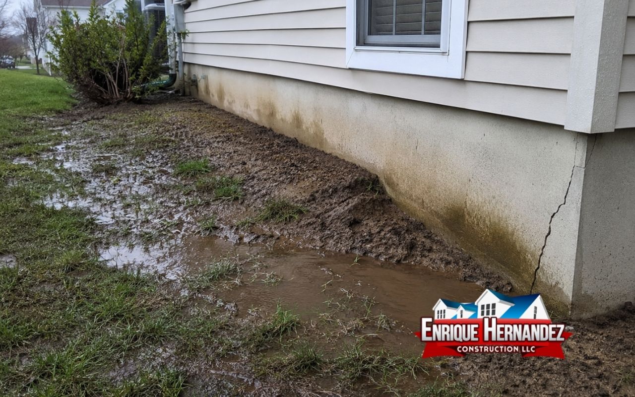Water pooling near a home showing poor grading and foundation problems
