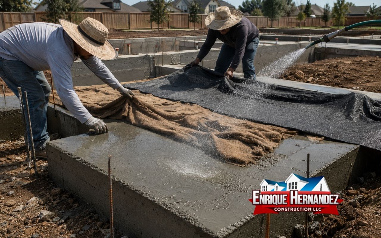 Crew protecting fresh foundation concrete during hot weather curing