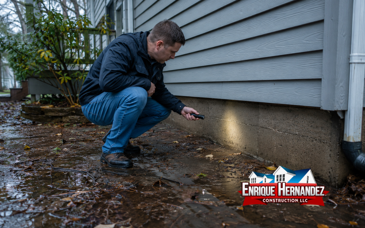 Home foundation being checked after heavy rain and storm damage