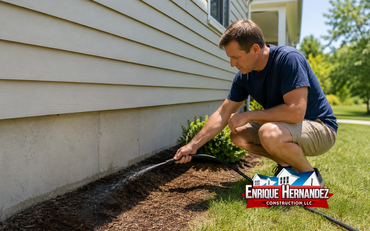 Homeowner watering around foundation during dry summer weather