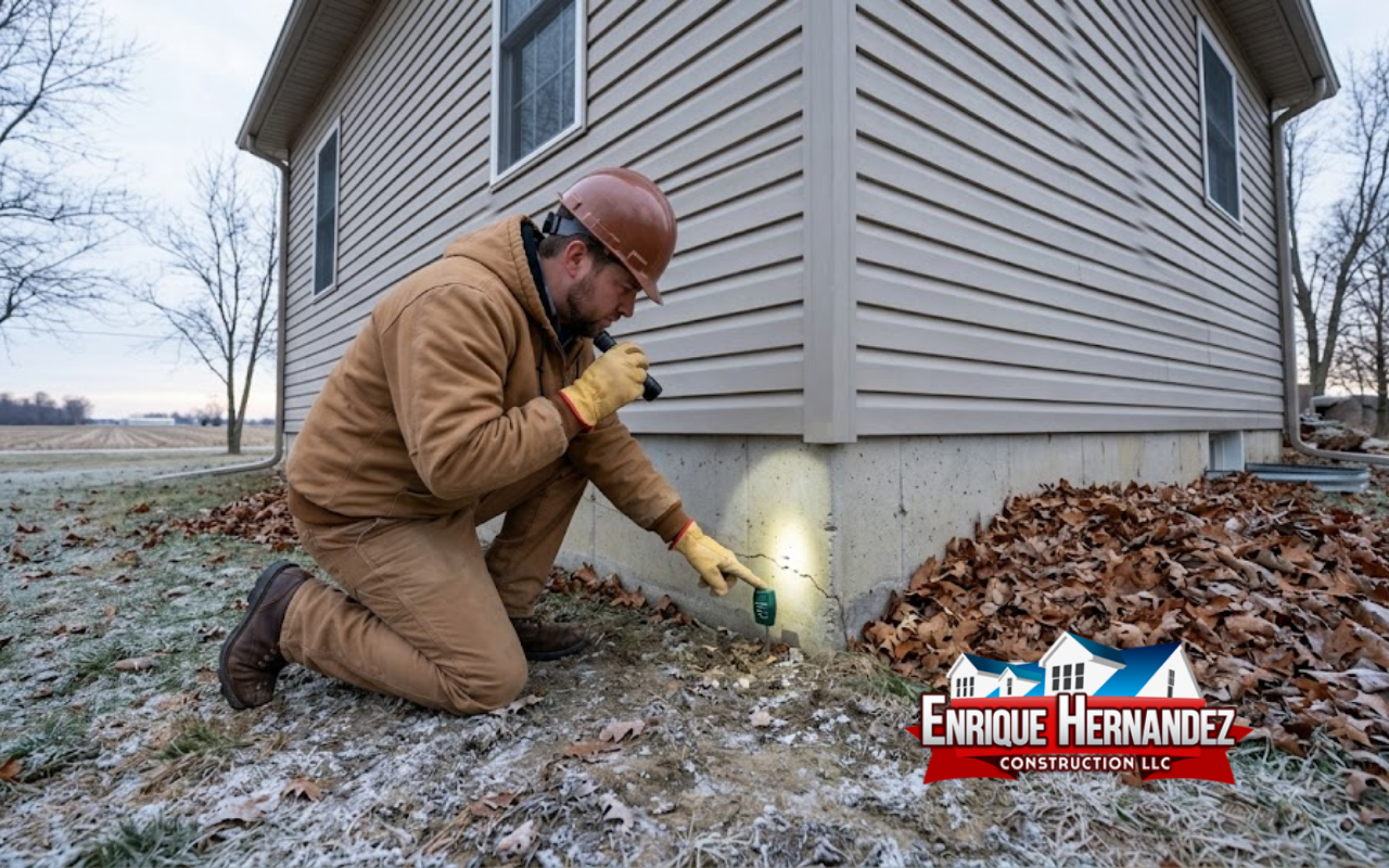 Contractor inspecting a home foundation before freezing winter weather in Indiana
