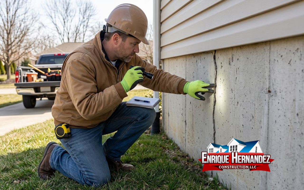 Contractor inspecting foundation cracks at a residential property in Greenwood, Indiana