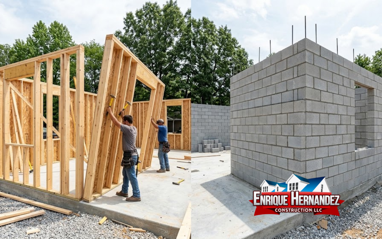 Comparison of wood stud framing and concrete block wall construction